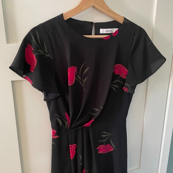 Just Fab Womens Black Floral Midi Dress Ruched Waist Detail Size XS - Picture 2 of 9